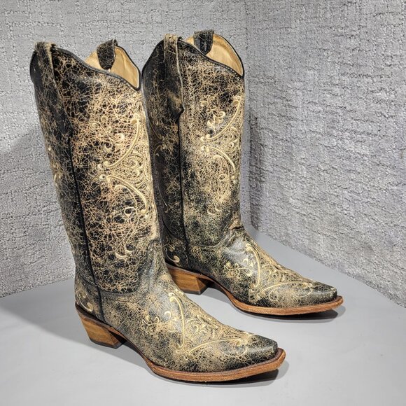 Corral Circle G Women's Size 7W US Black Crackle/Bone Embroidery Boots L5048 - Picture 5 of 11